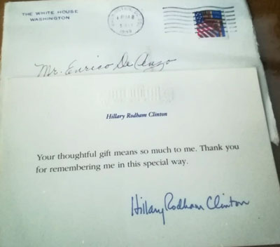 Lettera di elogio di Hillary Rodham Clinton con carta intestata
