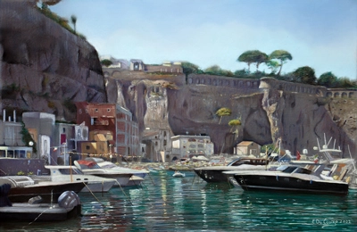 Paesaggio della marina di Piano di Sorrento realizzato con la tecnica dei pastelli morbidi